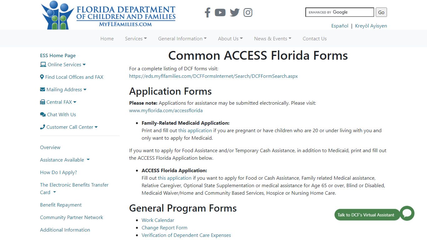 Common ACCESS Florida Forms - Florida Department of Children and Families